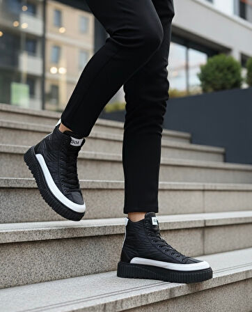 ET0811 Yüksek Taban Siyah Paraşüt Kumaş Beyaz Cilt Detaylı Yarım Bilek Spor Bot