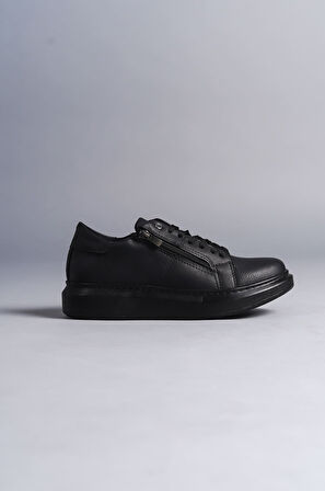 ET155 Warrior Bağcıklı ve Fermuarlı Cilt Erkek Günlük Sneaker Ayakkabı ST - Siyah