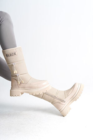 JET-LUCY Lastikli Fermuarlı  Paraşüt Kumaş Rugan Kadın Bot  CKT - Krem