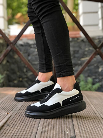 ET0238 Yüksek Taban Siyah Beyaz Bağcıklı Erkek Ayakkabı