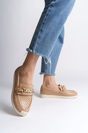 JET-LILY Bağcıksız Ortopedik Rahat Taban Kalp Desenli Kadın Babet Ayakkabı CKT - Ten