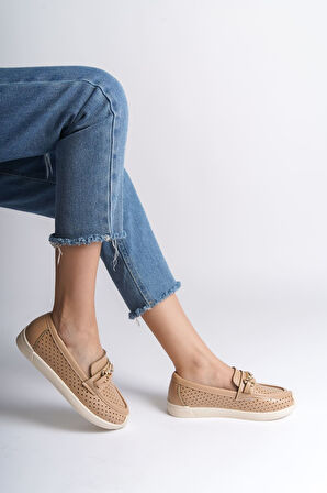 JET-LILY Bağcıksız Ortopedik Rahat Taban Kalp Desenli Kadın Babet Ayakkabı CKT - Ten