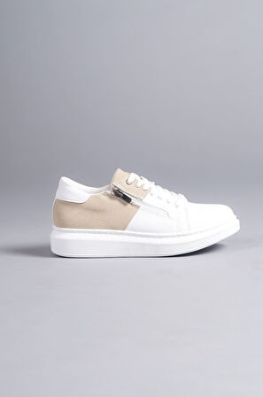 ET155 Warrior Bağcıklı ve Fermuarlı Cilt Süet Erkek Günlük Sneaker Ayakkabı BT - Beyaz/Krem