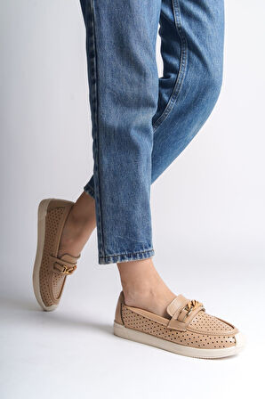 JET-LIZY Bağcıksız Ortopedik Rahat Taban Kalp Desenli Kadın Babet Ayakkabı  CKT - Ten