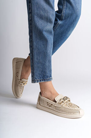 JET-LAYLA Bağcıksız Ortopedik Rahat Taban Çiçek Desenli Kadın Babet Ayakkabı CKT - Krem