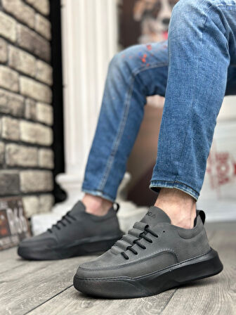 ET0332 Merdiven Desen Bağcıklı Erkek Yüksek Taban Füme Cilt Spor Ayakkabı