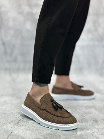 ET0005 Bağcıksız Yüksek Taban Klasik Keten Kahverengi Püsküllü Erkek Ayakkabı