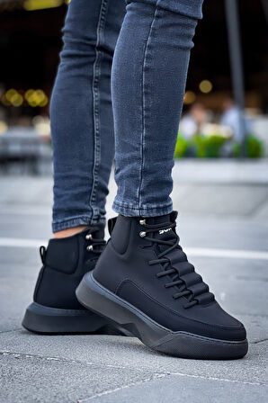 ET0321 Gizli Bağcıklı Erkek Yüksek Taban Siyah Spor Bot