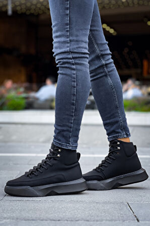 ET0321 Gizli Bağcıklı Erkek Yüksek Taban Siyah Spor Bot