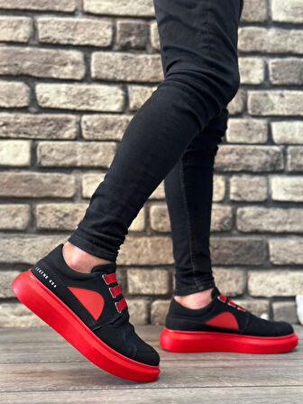 ET0302 Kalın Taban Bağcıksız Tarz Casual Siyah Kırmızı Erkek Ayakkabı