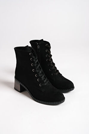 JET-DIANA Bağcıklı Fermuarlı Ortopedik Taban Topuklu Süet Kadın Bot  SST - Siyah