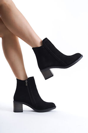 JET-LARISSA Fermuarlı Ortopedik Taban Topuklu Süet Kadın Bot  SST - Siyah