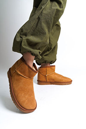 JET-JOLIE Bağcıksız Düz Taban İçi Kürklü Kısa Süet Kadın Bot  STT - Taba