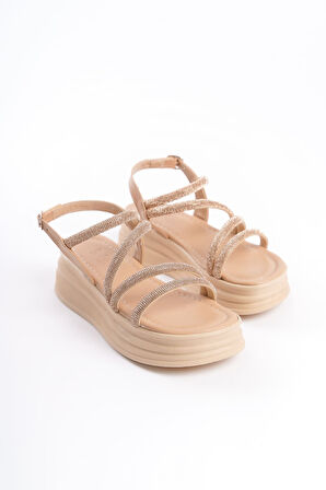 JET-RILEY İnce Tokalı Taşlı Şeritli Ortopedik Taban Kadın Sandalet CTT - Ten