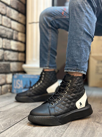 ET0159 Bağcıklı Erkek Yüksek Taban Siyah Beyaz Spor Bot