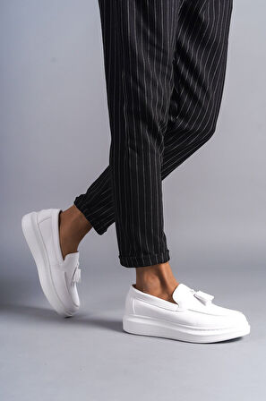 ET154 Blaze Bağcıksız Püsküllü Cilt Erkek Günlük Spor Klasik Ayakkabı BT - Beyaz