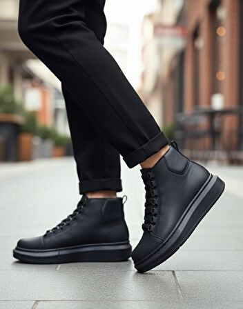 ET0713 Bağcıklı Yüksek Siyah Taban Erkek Tarz Spor Bot