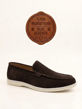 ET0252 %100 İçi Dışı Hakiki Deri Erkek Kahverengi Süet Casual Loafer Termo Taban Ayakkabı