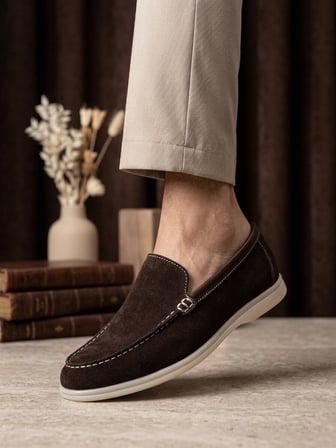 ET0252 %100 İçi Dışı Hakiki Deri Erkek Kahverengi Süet Casual Loafer Termo Taban Ayakkabı