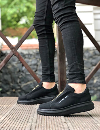 ET0310 Kalın Yüksek Taban Fermuarlı Siyah Siyah Erkek Ayakkabı