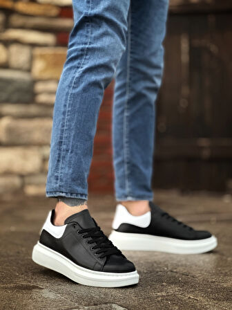 ET0547 Kalın Yüksek Taban Siyah Beyaz Parça Detay Bağcıklı Spor Erkek Ayakkabı