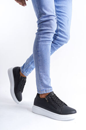 ET155 Warrior Bağcıklı ve Fermuarlı Cilt Erkek Günlük Sneaker Ayakkabı BT - Siyah