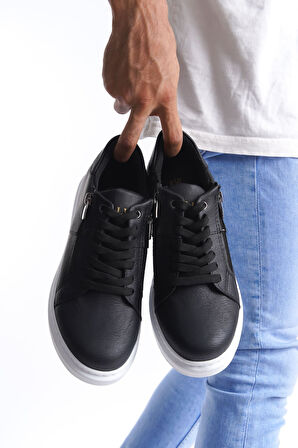 ET155 Warrior Bağcıklı ve Fermuarlı Cilt Erkek Günlük Sneaker Ayakkabı BT - Siyah