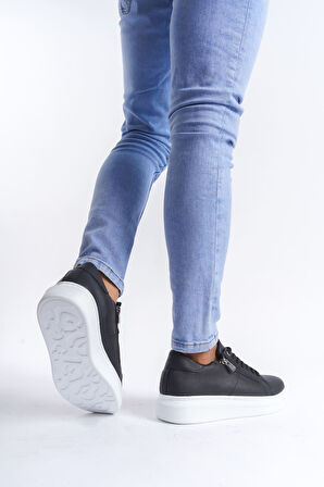 ET155 Warrior Bağcıklı ve Fermuarlı Cilt Erkek Günlük Sneaker Ayakkabı BT - Siyah