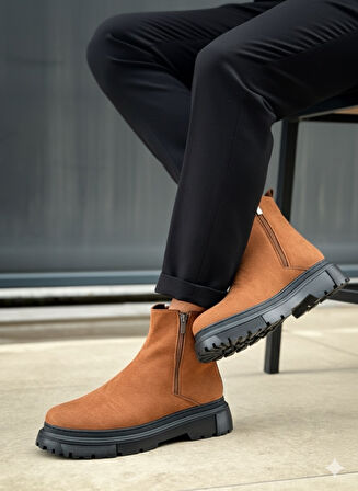 ET0777 Süet Taba Siyah Taban Çift Fermuarlı Erkek Yarım Bilek Bot