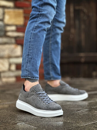 ET0547 Kalın Yüksek Taban Gri Süet Bağcıklı Spor Erkek Ayakkabı