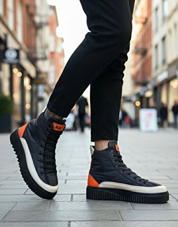 ET0811 Yüksek Siyah Taban Paraşüt Kumaş Turuncu Cilt Detaylı Yarım Bilek Spor Bot