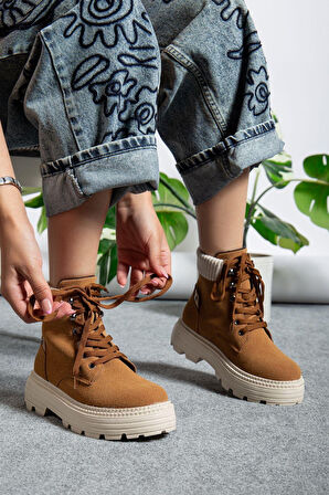 ET-ZNN-Camel Süet Bağcıklı Yüksek Taban Kadın Bot