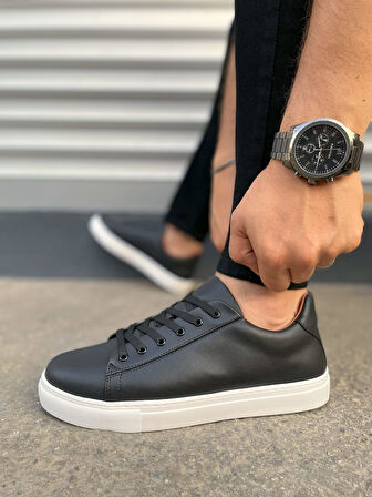 JET-122 Mode Bağcıklı Cilt Erkek Günlük Sneaker Ayakkabı CBT - Siyah