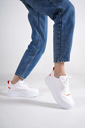 JET-ALESSI Bağcıklı Ortopedik Taban Kadın Sneaker Spor Ayakkabı CBT - Beyaz/Turuncu
