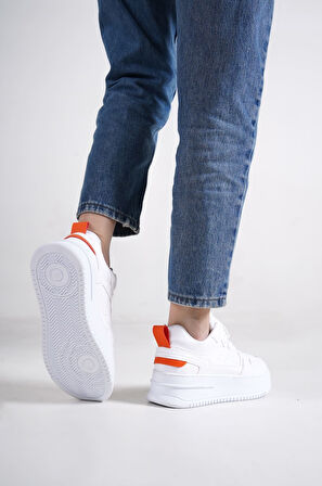 JET-ALESSI Bağcıklı Ortopedik Taban Kadın Sneaker Spor Ayakkabı CBT - Beyaz/Turuncu
