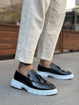 ET0240 Yüksek Taban Klasik Parlak Püsküllü Rugan Siyah Erkek Ayakkabı