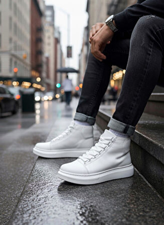 ET0713 Bağcıklı Beyaz Yüksek Taban Erkek Tarz Spor Bot