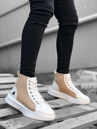 ET0256 Bağcıklı Erkek Yüksek Taban Beyaz Krem Taban Spor Bot