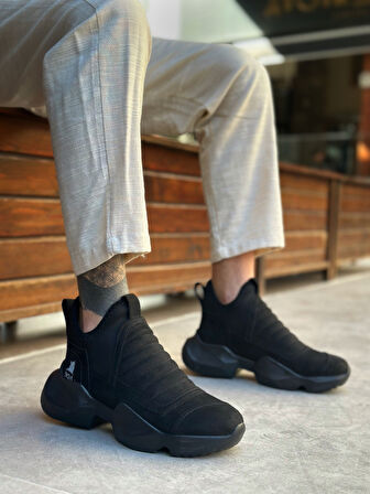 ET0401 Bağcıksız Rahat Yüksek Siyah Taban Siyah Süet Erkek Spor Yarım Bilek Bot