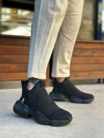 ET0401 Bağcıksız Rahat Yüksek Siyah Taban Siyah Süet Erkek Spor Yarım Bilek Bot