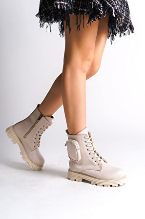 JET-GINA Bağcıklı Fermuarlı Ortopedik Taban Çantalı Kadın Bot  CKT - Krem