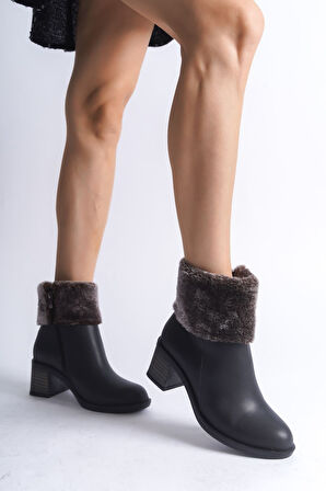 JET-KATYA Fermuarlı Ortopedik Taban Topuklu Kürk DetaylıKadın Bot  CST - Siyah