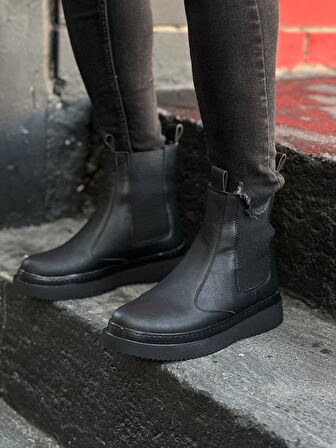 ET-KB-0992 Siyah Cilt Siyah Yüksek Taban  Lastikli Erkek Bot