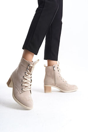 JET-LENA Bağcıklı Fermuarlı Ortopedik Taban Topuklu Süet Kadın Bot  STT - Ten