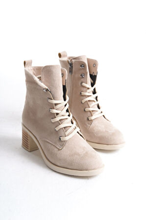 JET-LENA Bağcıklı Fermuarlı Ortopedik Taban Topuklu Süet Kadın Bot  STT - Ten