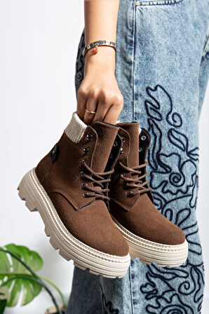 ET-ZNN-Kahve Süet Bağcıklı Yüksek Taban Kadın Bot