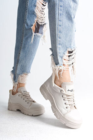 JET-JANE Bağcıklı Ortopedik Taban Kadın Sneaker Spor Ayakkabı  CKT - Krem