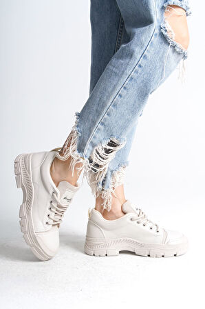 JET-JANE Bağcıklı Ortopedik Taban Kadın Sneaker Spor Ayakkabı  CKT - Krem