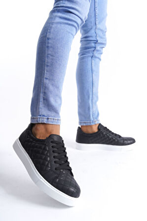 ET166 Prestige Bağcıklı Cilt Kapitone Desenli Erkek Günlük Sneaker Ayakkabı BT - Siyah