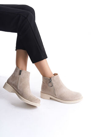 JET-MARGARET Fermuarlı Ortopedik Taban Topuklu Süet Kadın Bot  STT - Ten